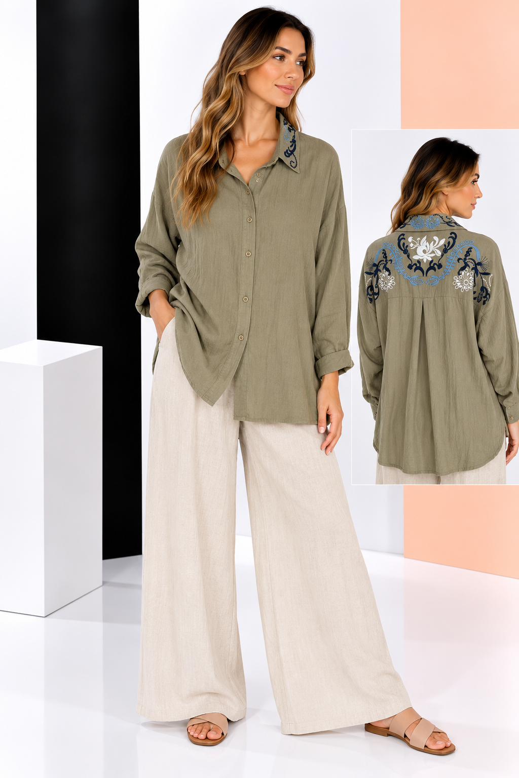 Camisa con Bordado Floral en Espalda y Cuello