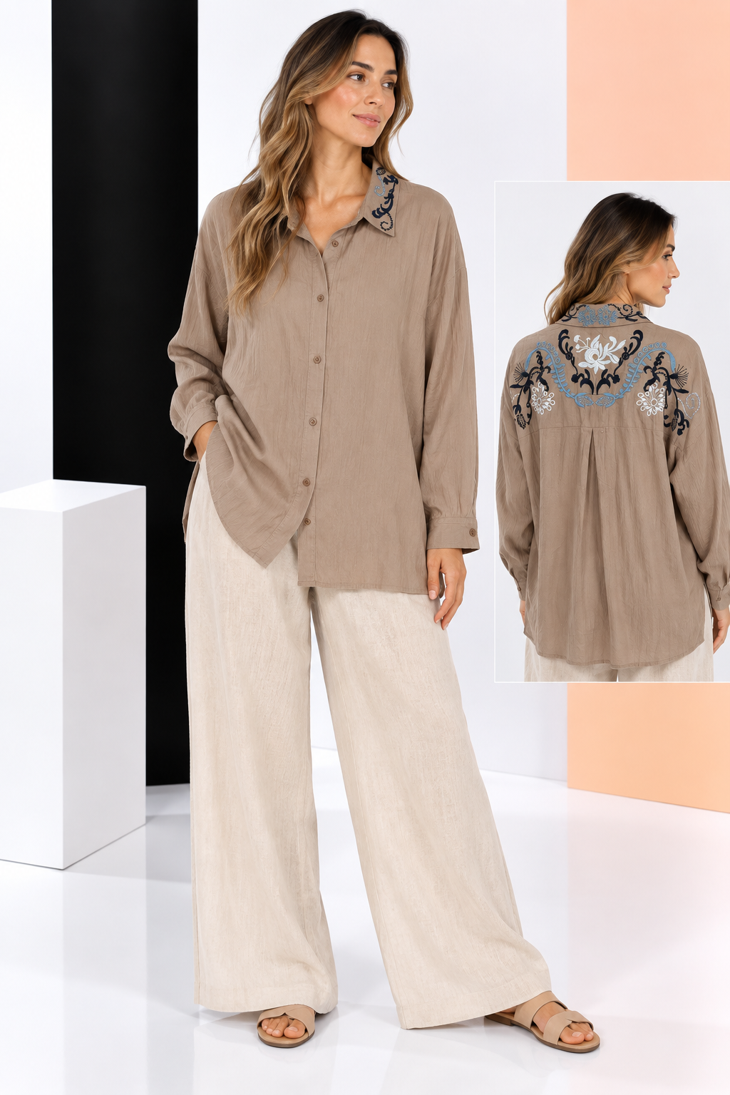Camisa con Bordado Floral en Espalda y Cuello