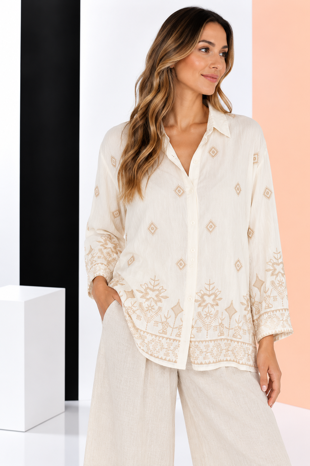 Camisa de Lino con Bordado Étnico