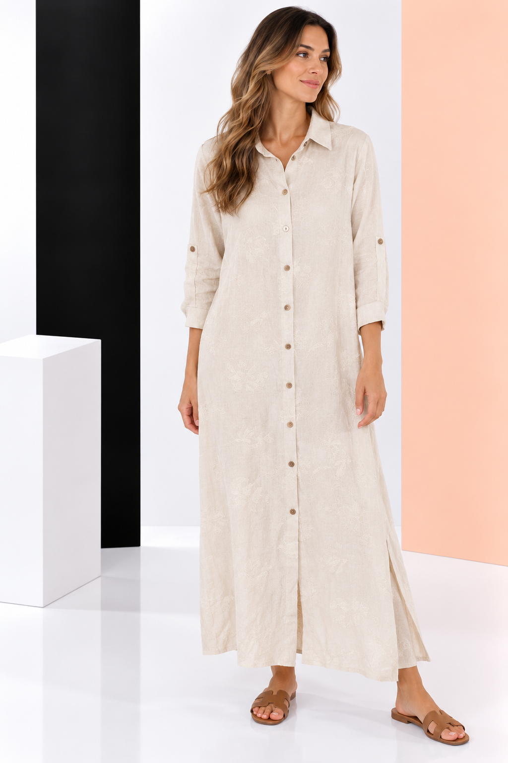 Vestido Largo Camisero Beige de Lino