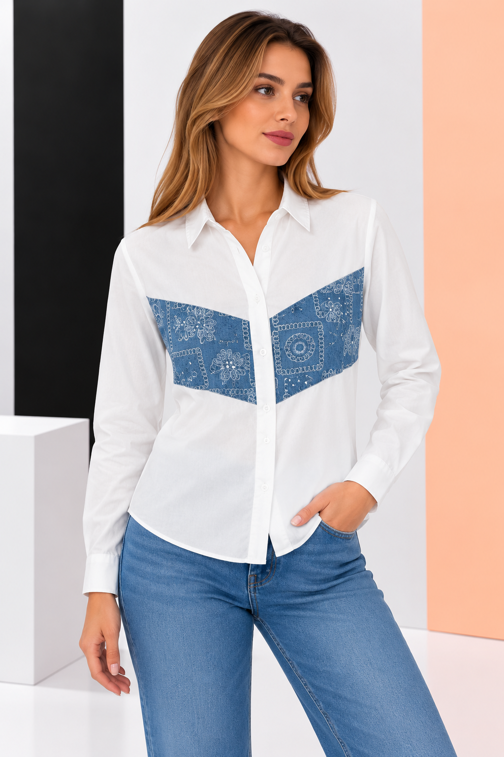 Camisa Canesú Denim Estampado